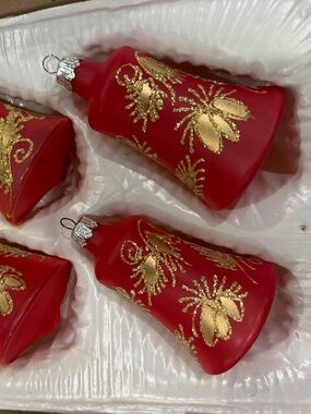 Vintage European 3.25" Bell Christmas Ornaments - Red, Gold - Pristine!